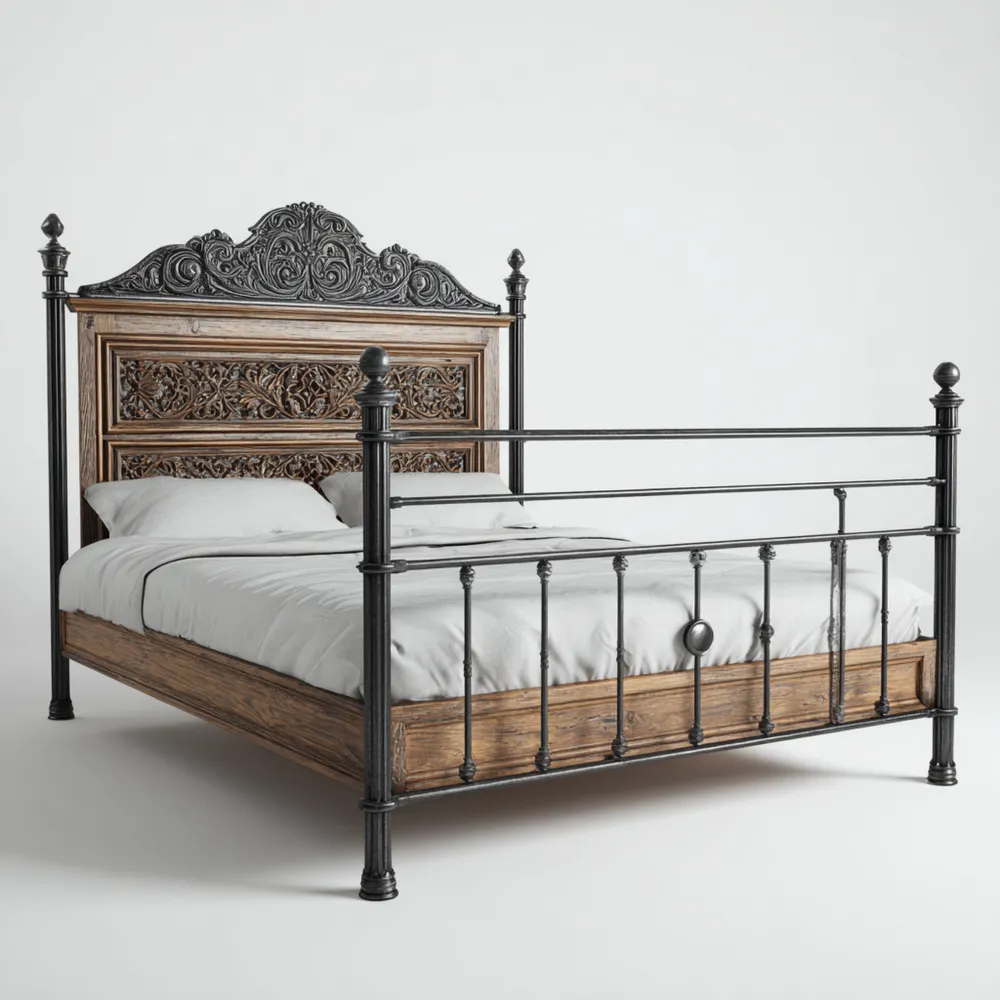 Bett aus Metall und Akazienholz mit Schnitzereien - 180x200 cm