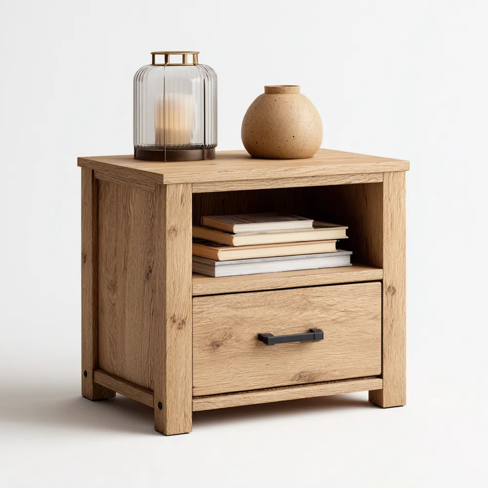 Nachttisch aus Eichenholz mit Glasdekor, 45x35x50 cm