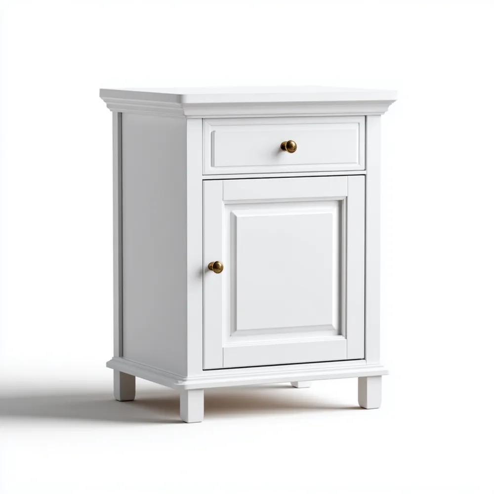 Nachtkommode Holz 50x35x70 cm - Weiß mit Messinggriffen