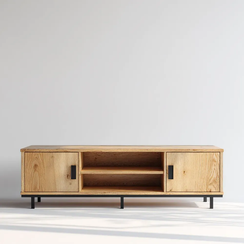 TV-Bank aus Eichenholz mit Metallfüßen 120x40x45 cm - Natur