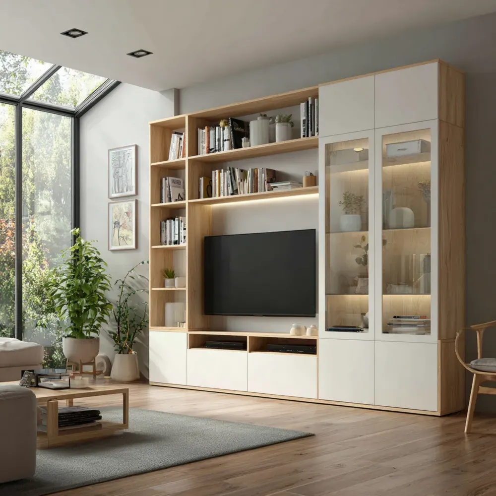 Wohnwand aus MDF mit Eichenfurnier und Glas 280x200x40 cm – Eiche/Weiß