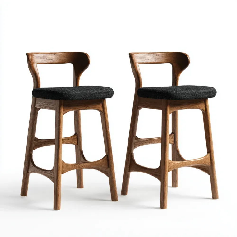 Barhocker-Set aus Eichenholz mit schwarzem Stoffpolster