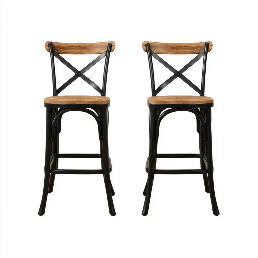 Barhocker 2er-Set Akazienholz/Metall Schwarz/Natur
