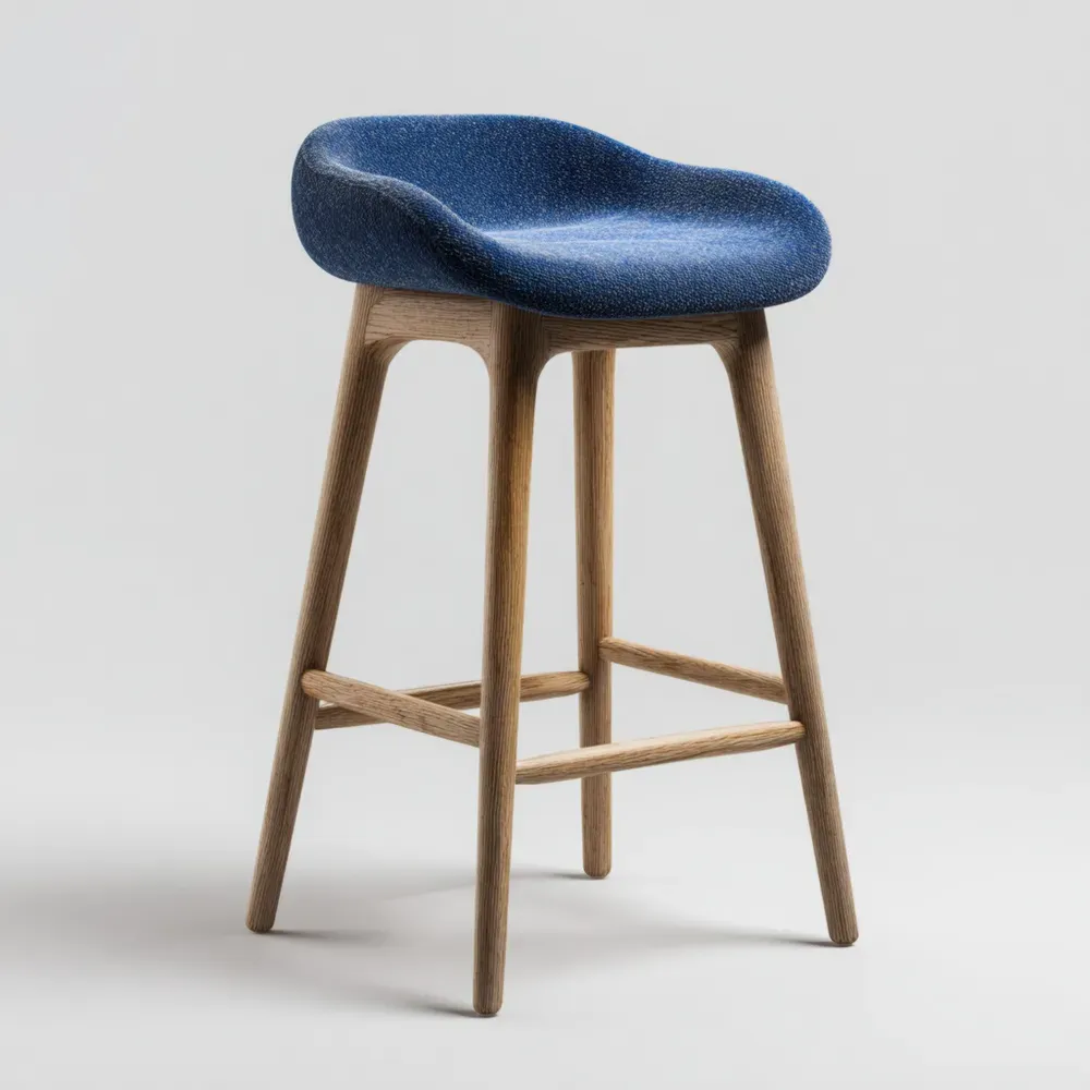 Barhocker mit Holzrahmen und Stoffbezug in Blau