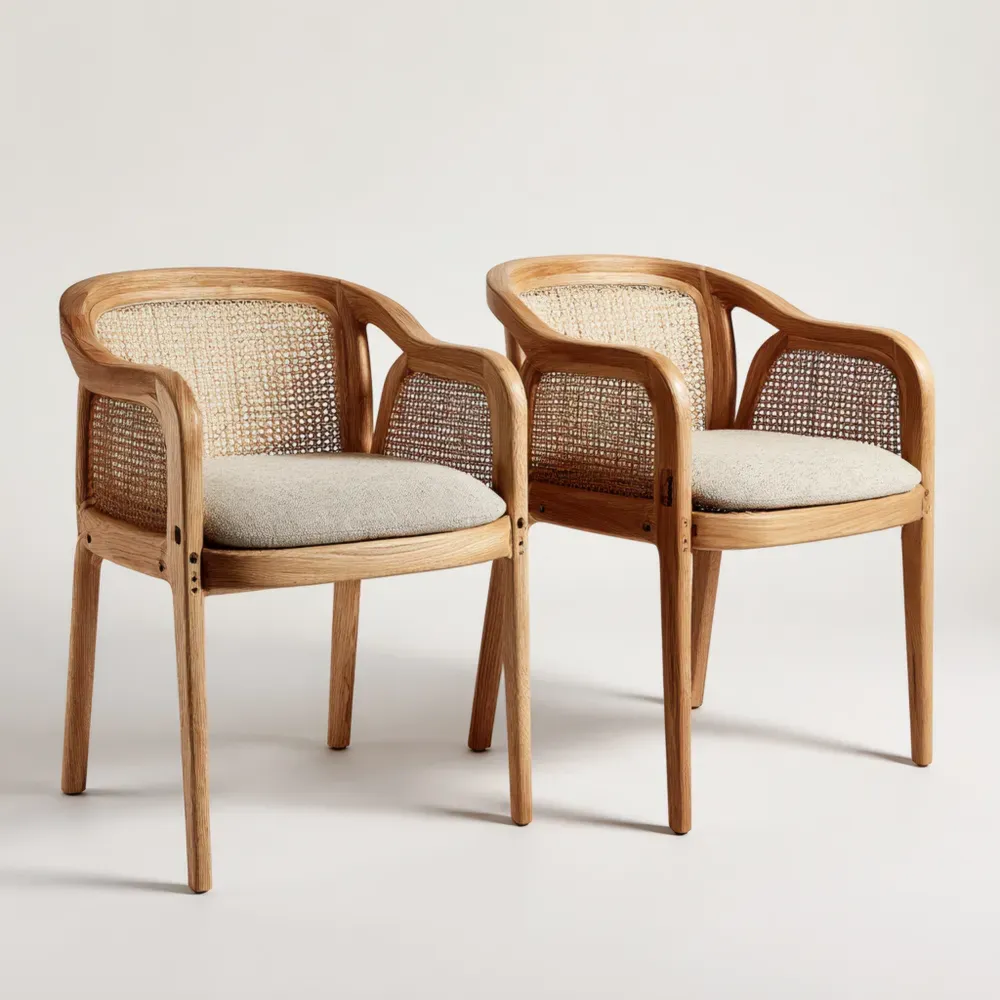 Esszimmerstuhl-Set aus Holz und Rattan, Natur/Beige