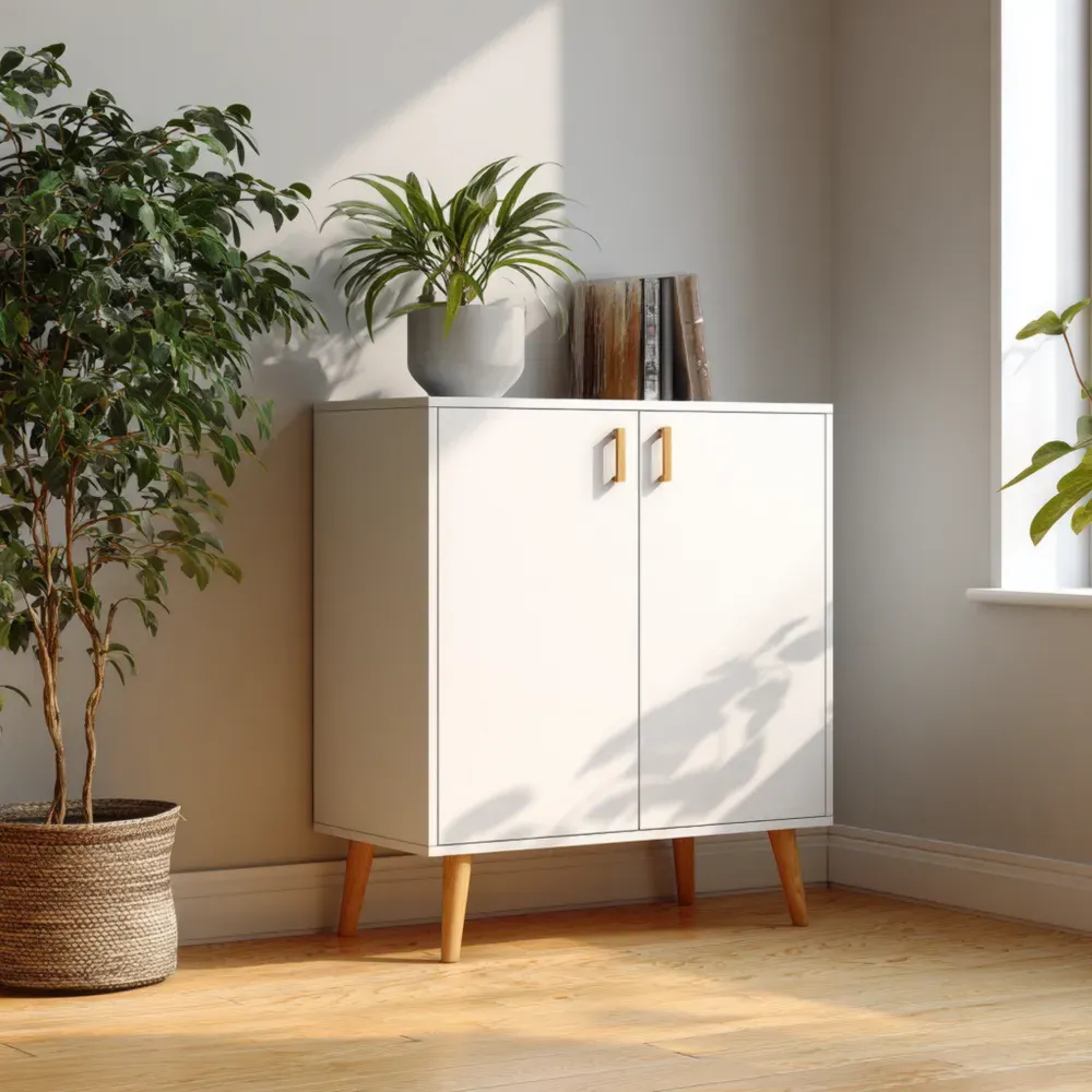 Schrank aus Holz mit Eichenbeinen – Weiß