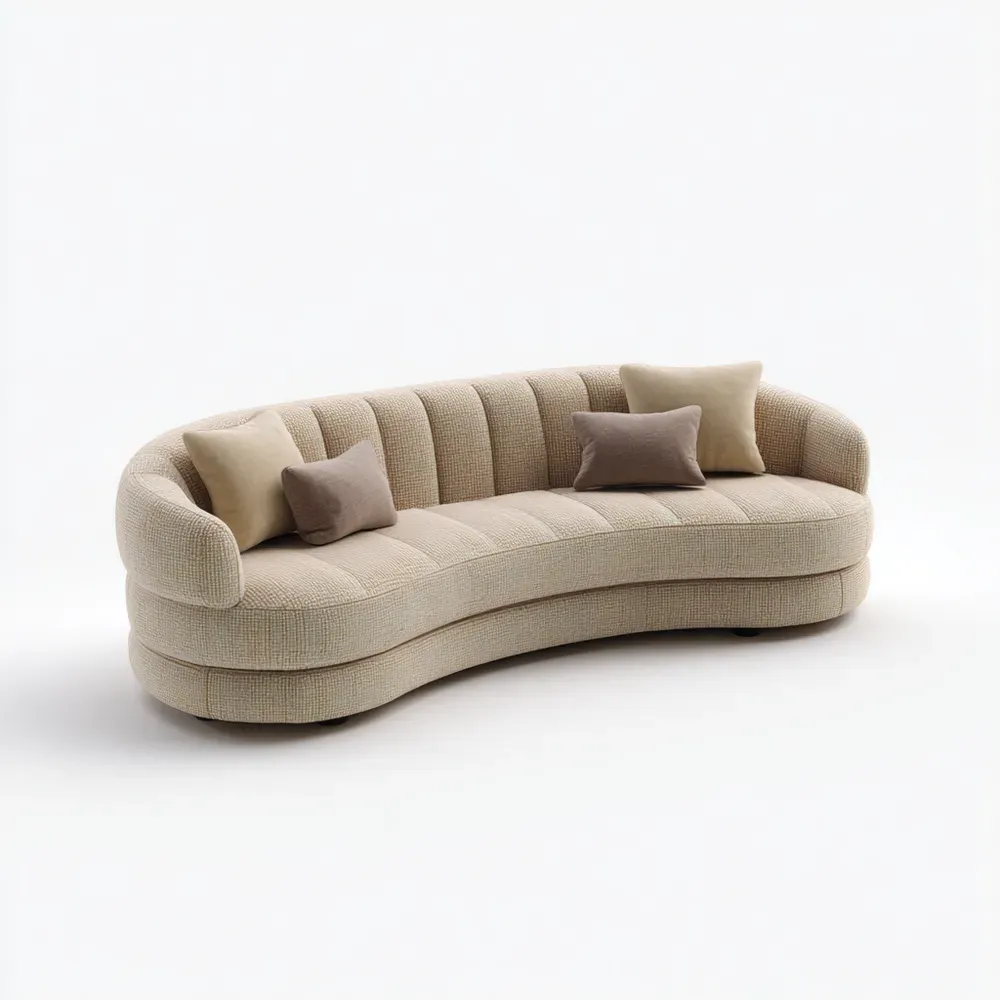 Gebogenes Sofa aus Polyesterstoff mit Kissen Beige