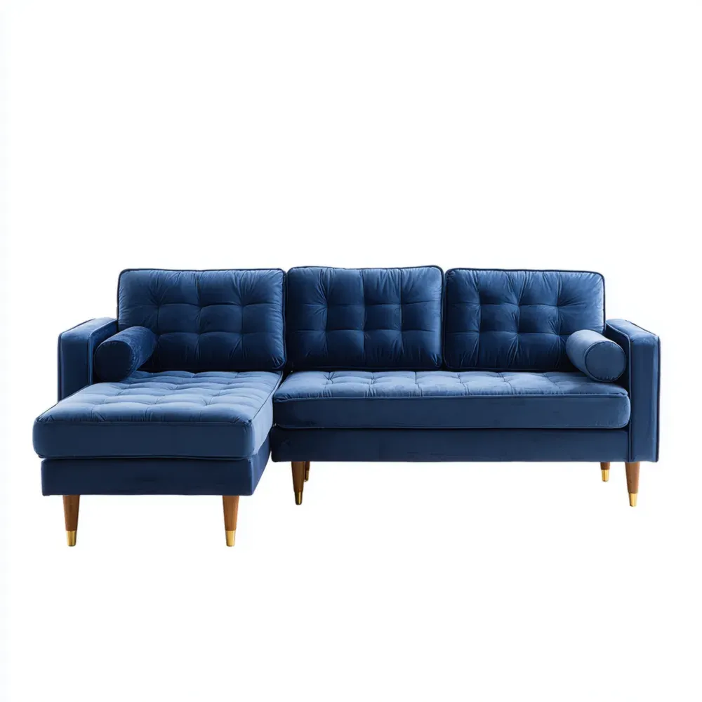 Ecksofa aus Samt mit Holzfüßen - Blau