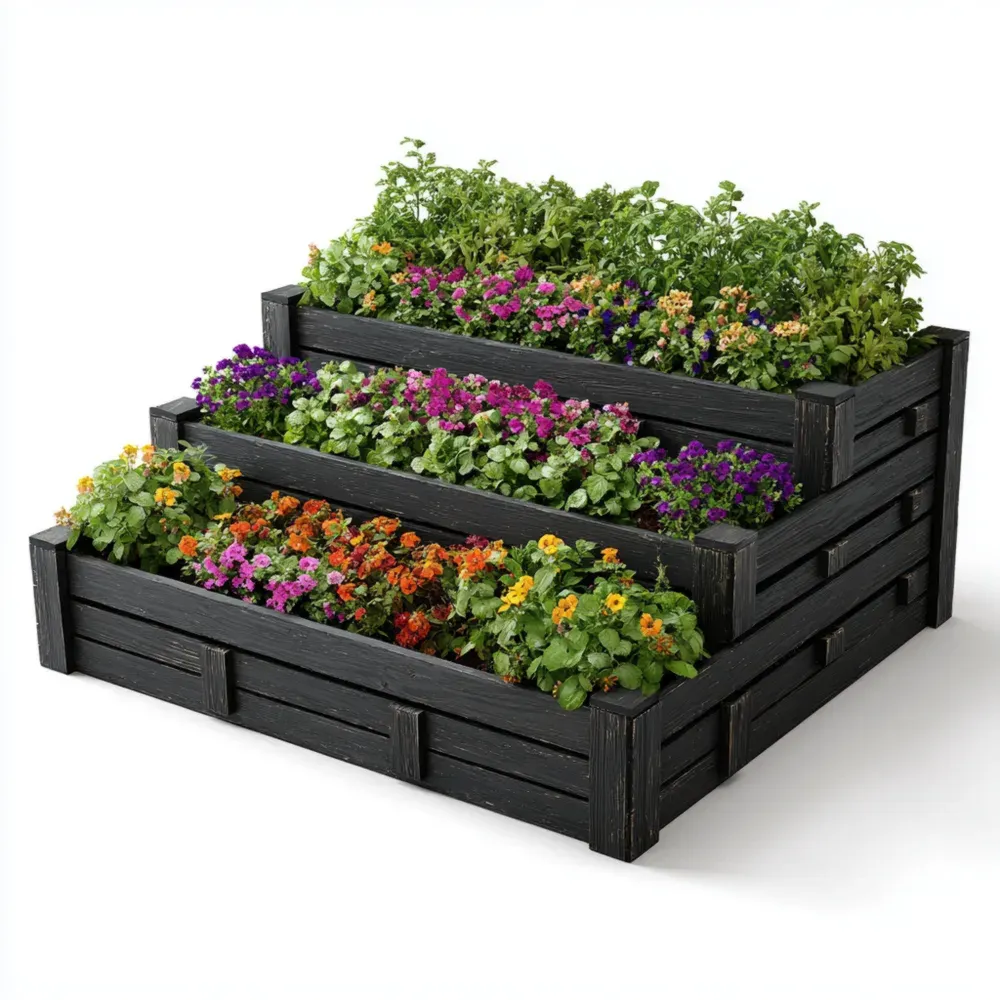 3-stufiger Holz-Pflanzkasten Schwarz – 100x80x60 cm