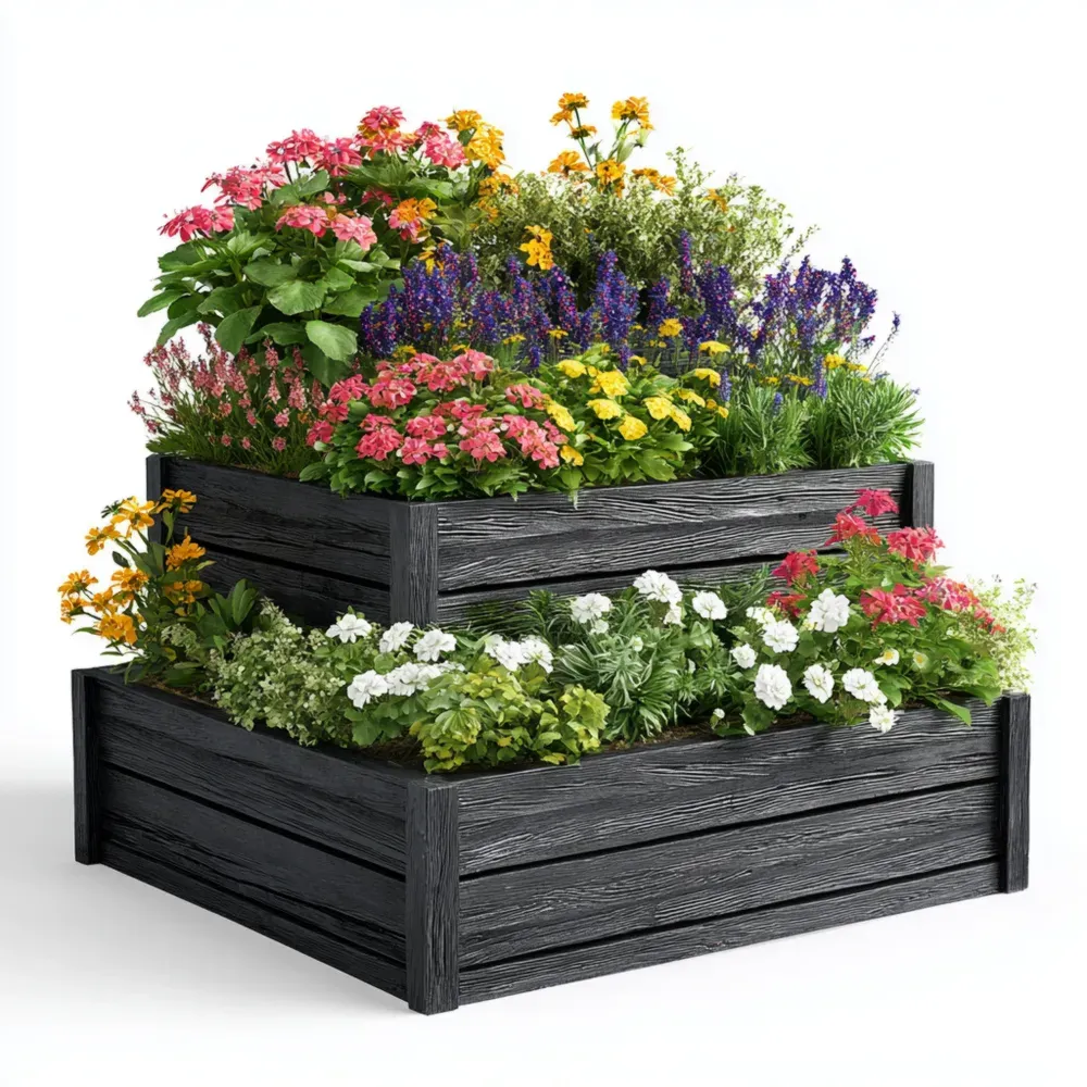 3-stufiges Hochbeet aus Kunststoff in Holzoptik - Schwarz