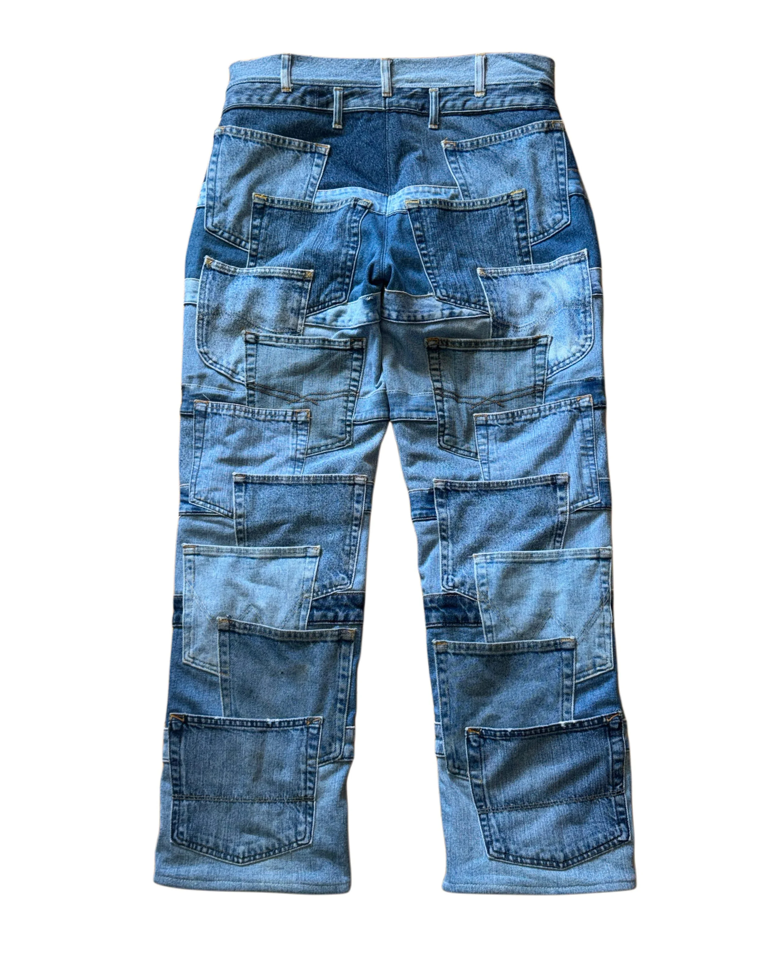 Men's retro multi-layer deconstructed multi-pocket patched washed straight-leg denim pants