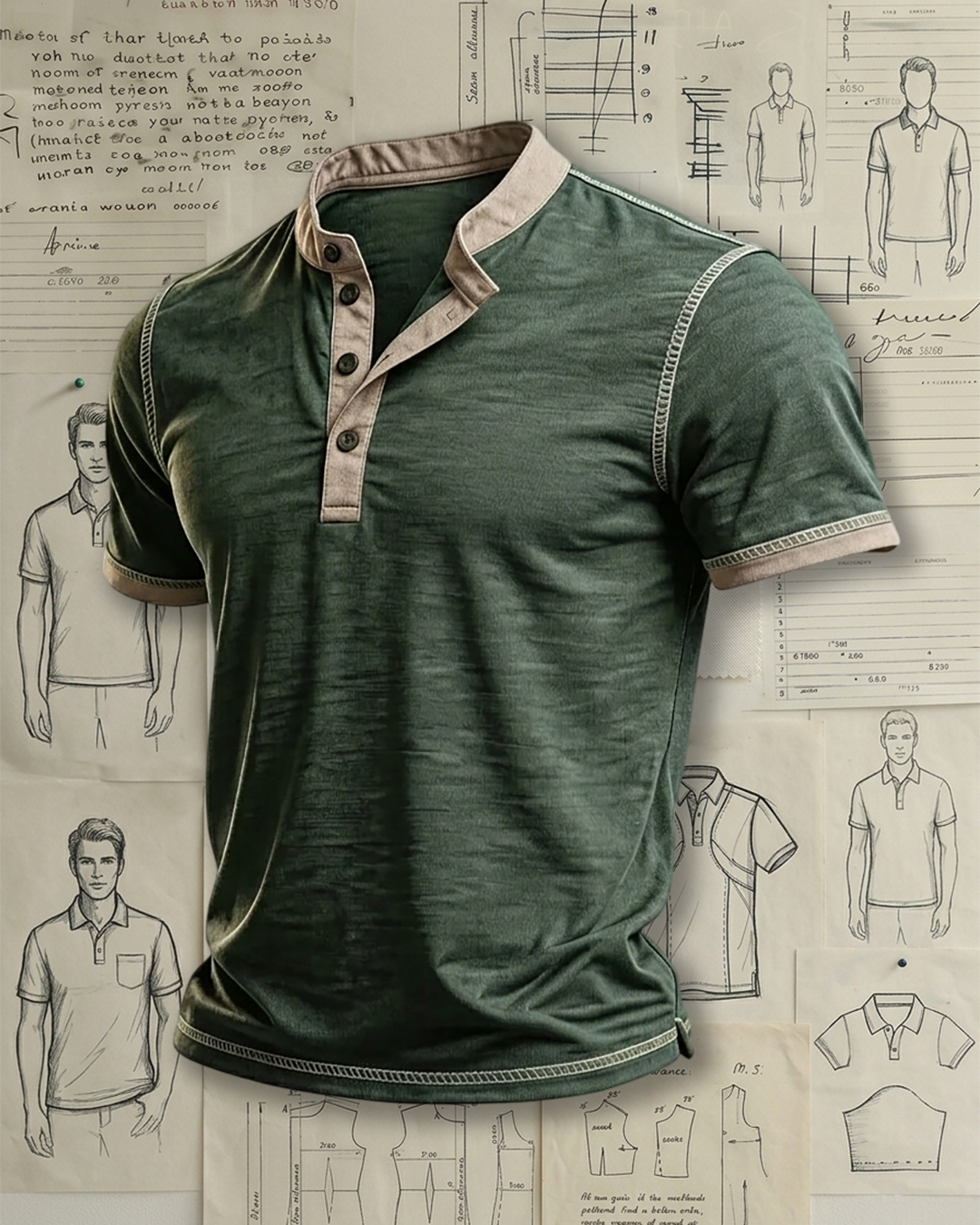 Men's Forest Green Khaki Contrast Trim Solid Color Regular Fit Retro Casual Short Sleeve Henley Polo Shirt