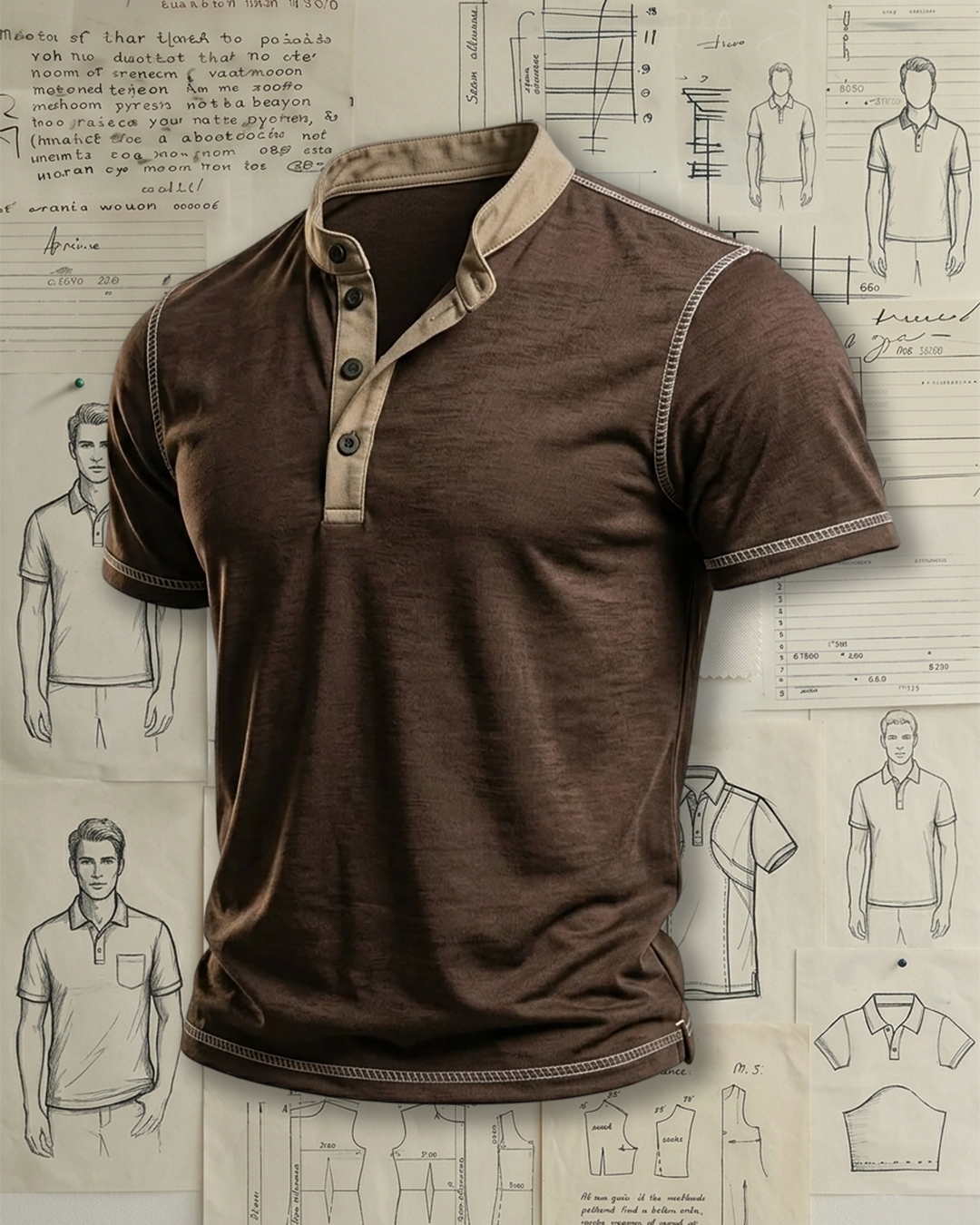 Men's Coffee Brown Khaki Contrast Placket Solid Color Relaxed Fit Vintage Casual Short Sleeve Henley Polo Shirt