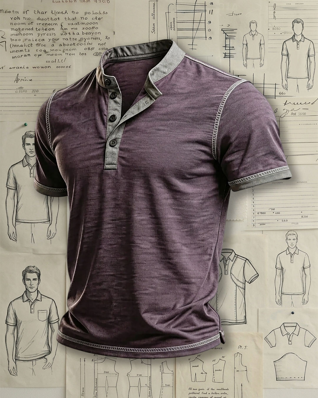 Men's Dusty Purple Grey Contrast Binding Solid Color Regular Fit Retro Casual Short Sleeve Henley Polo Shirt