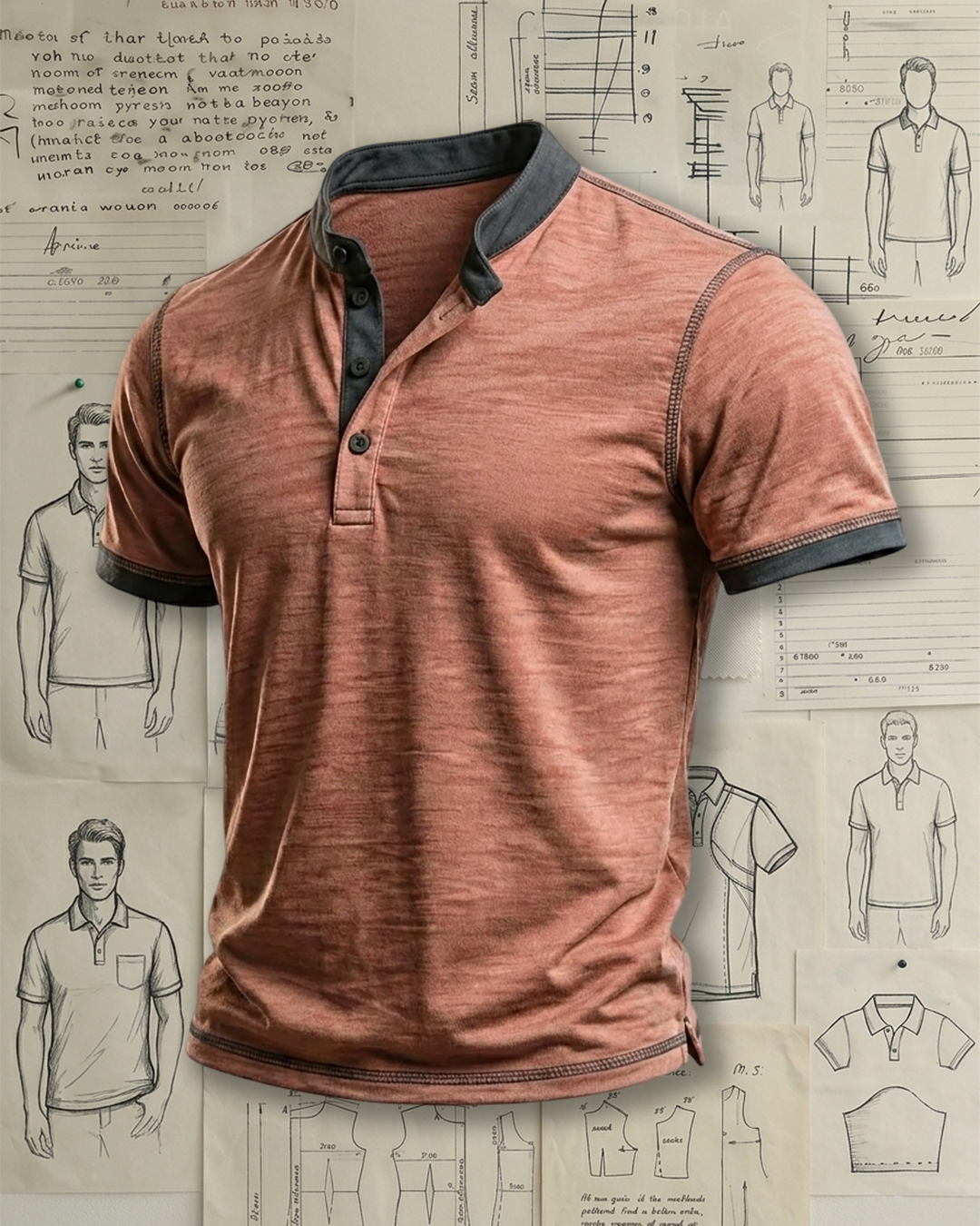 Men's Salmon Pink Charcoal Contrast Collar Solid Relaxed Fit Retro Casual Short Sleeve Henley Polo Shirt