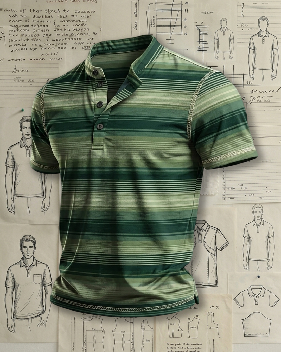 Men's Multi-Shade Green Gradient Stripe Print Regular Fit Daily Casual Short Sleeve Stand Collar Henley Polo Shirt