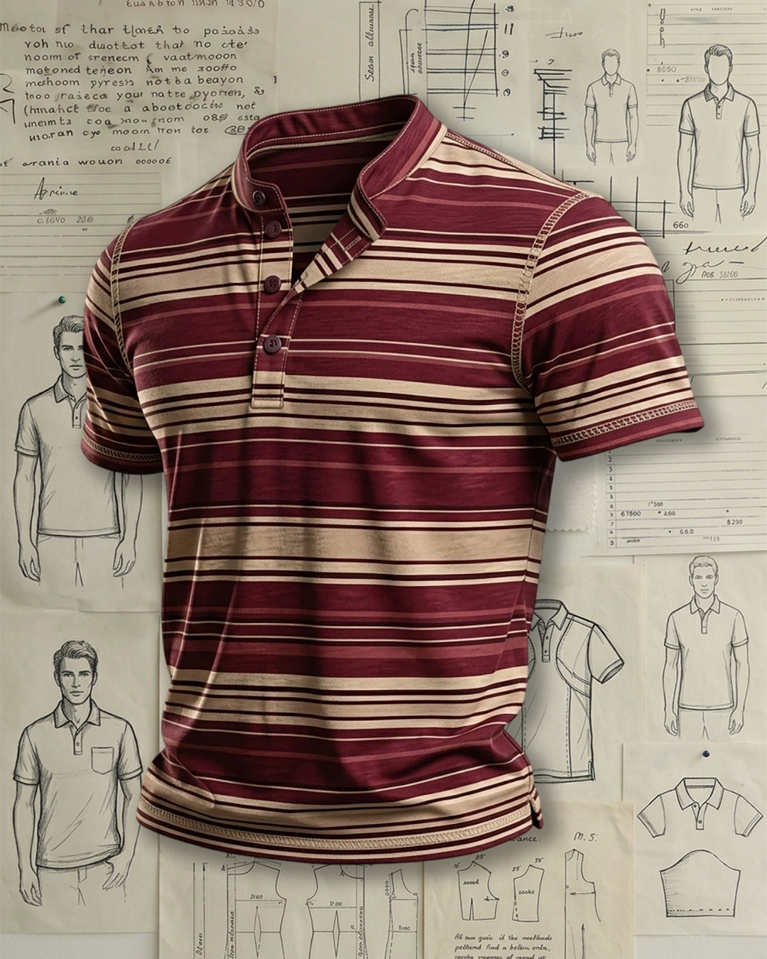 Men's Burgundy Khaki Contrast Horizontal Stripe Print Relaxed Fit Retro Casual Short Sleeve Stand Collar Henley Polo Shirt