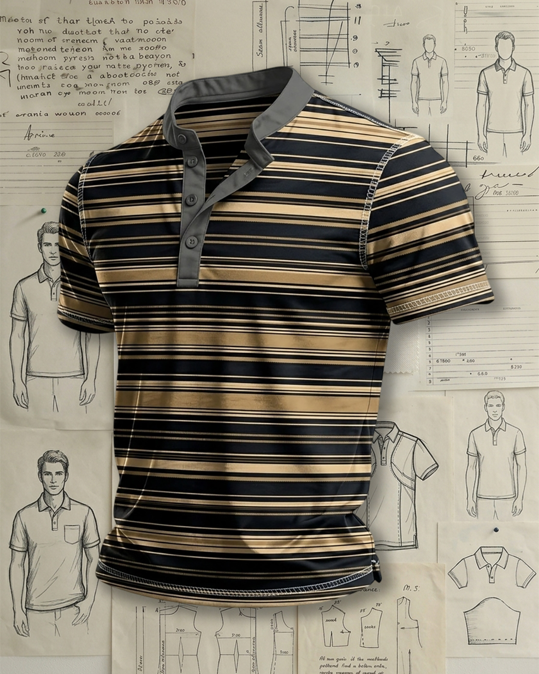 Men's Black Gold Contrast Stripe Print Tailored Fit Vintage Business Casual Short Sleeve Stand Collar Henley Polo Shirt