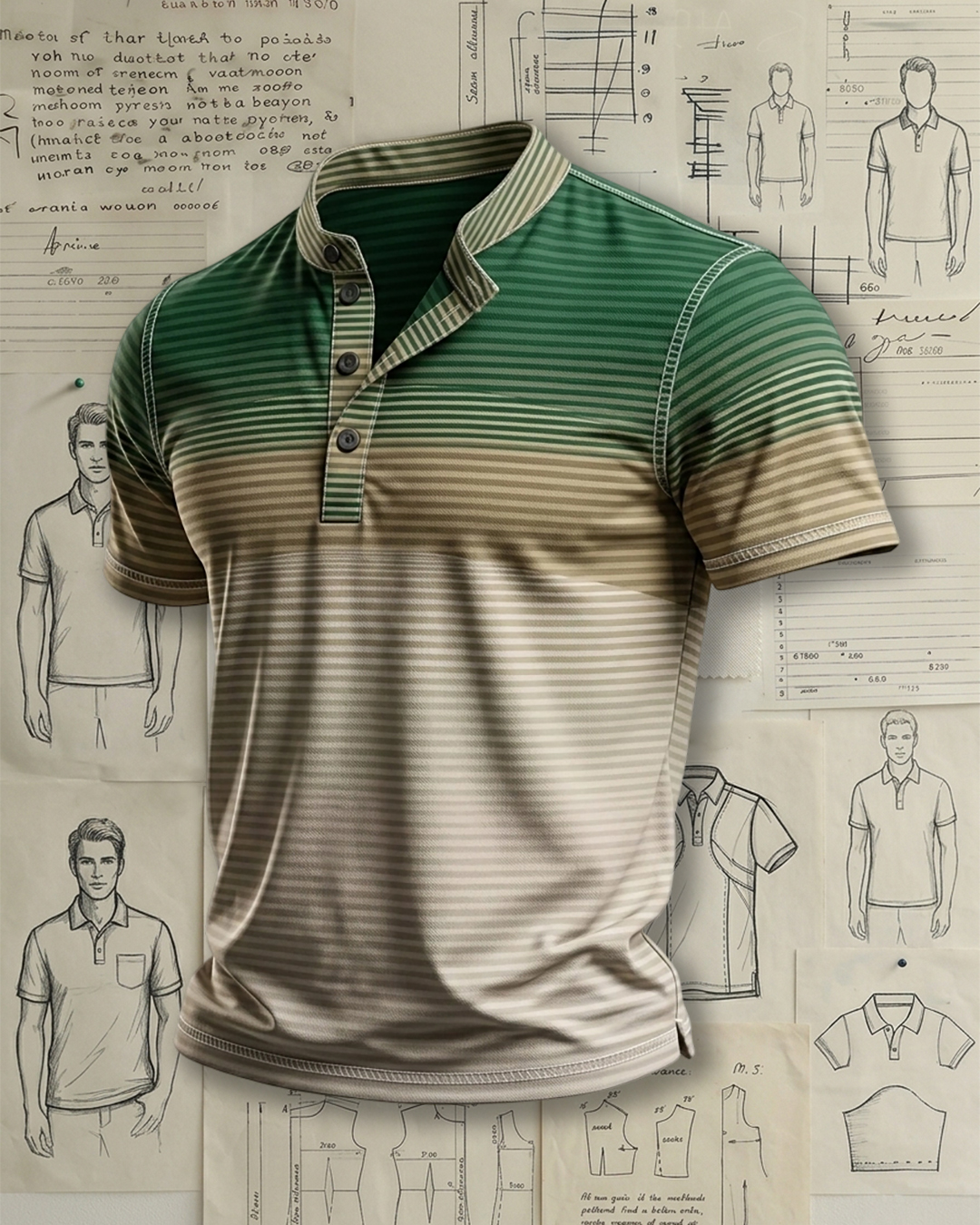 Men's Green To Khaki Gradient Stripe Print Comfort Fit Casual Daily Short Sleeve Stand Collar Henley Polo Shirt