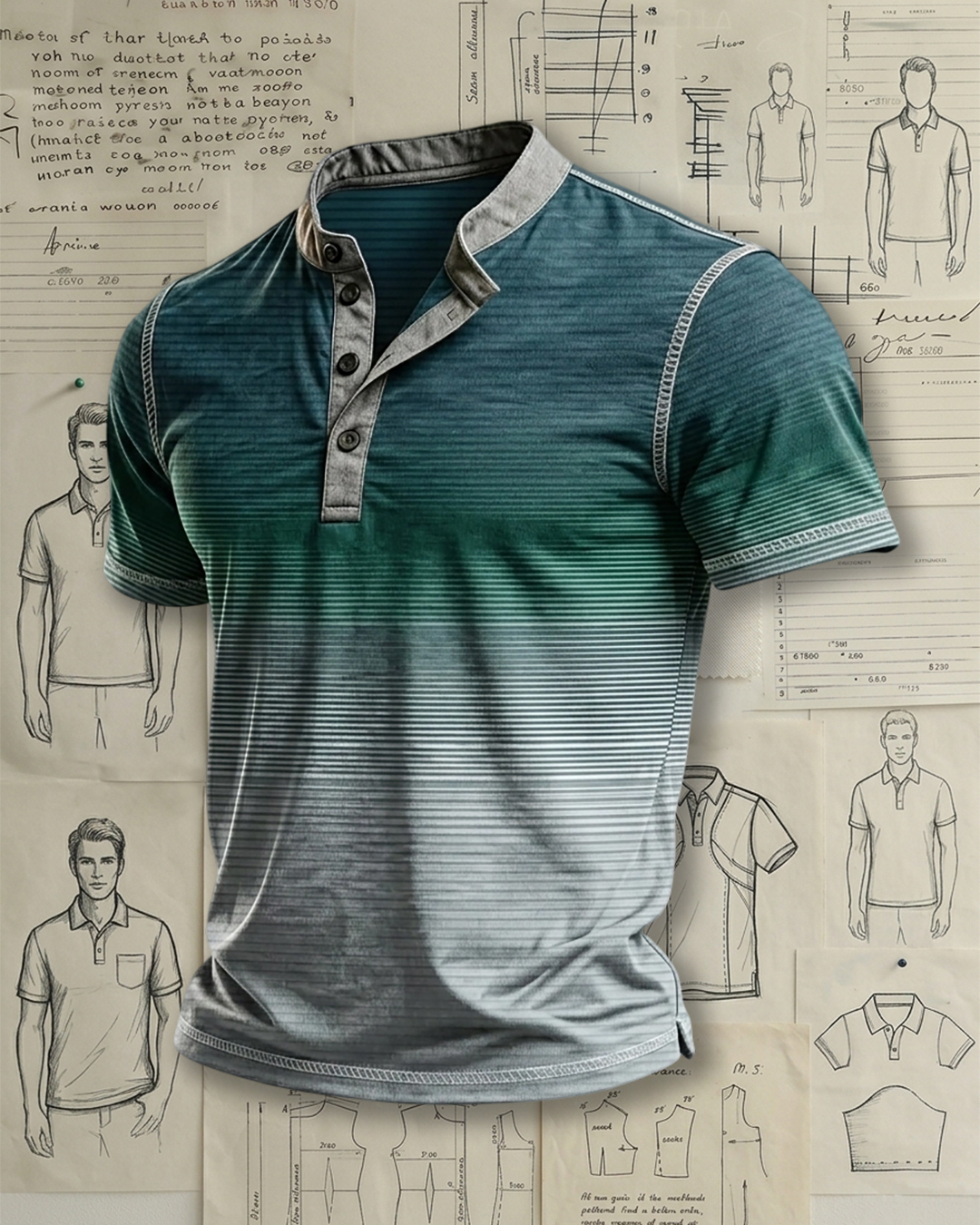 Men's Teal To Grey Gradient Fine Stripe Print Regular Fit Casual Business Short Sleeve Stand Collar Henley Polo Shirt