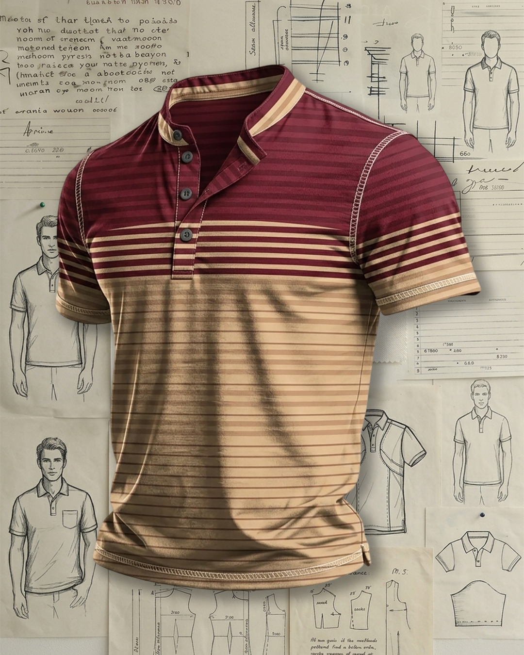 Men's Burgundy Khaki Color Block Striped Print Tailored Fit Retro Business Casual Short Sleeve Stand Collar Henley Polo Shirt