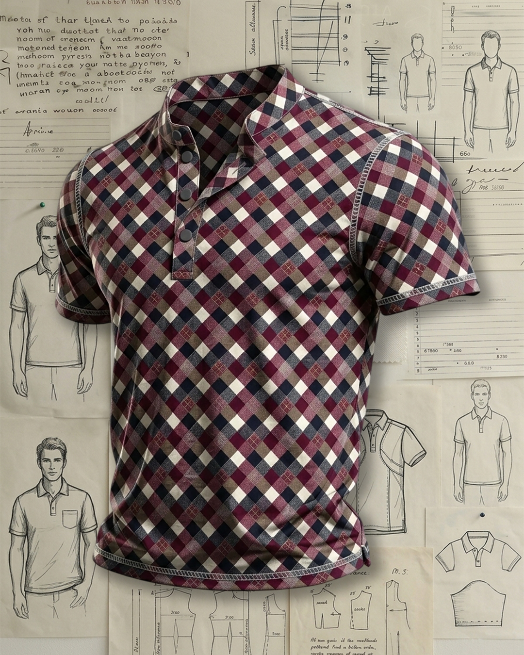 Men's Multi-Color Checkered Gingham Print Relaxed Fit Vintage Business Casual Short Sleeve Stand Collar Henley Polo Shirt
