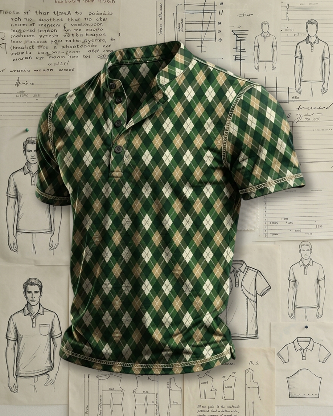 Men's Green Mixed Color Argyle Plaid Print Regular Fit Preppy Casual Short Sleeve Stand Collar Henley Polo Shirt