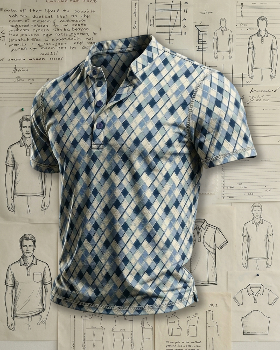 Men's Blue Mixed Color Diagonal Argyle Print Slim Fit Daily Casual Short Sleeve Stand Collar Henley Polo Shirt