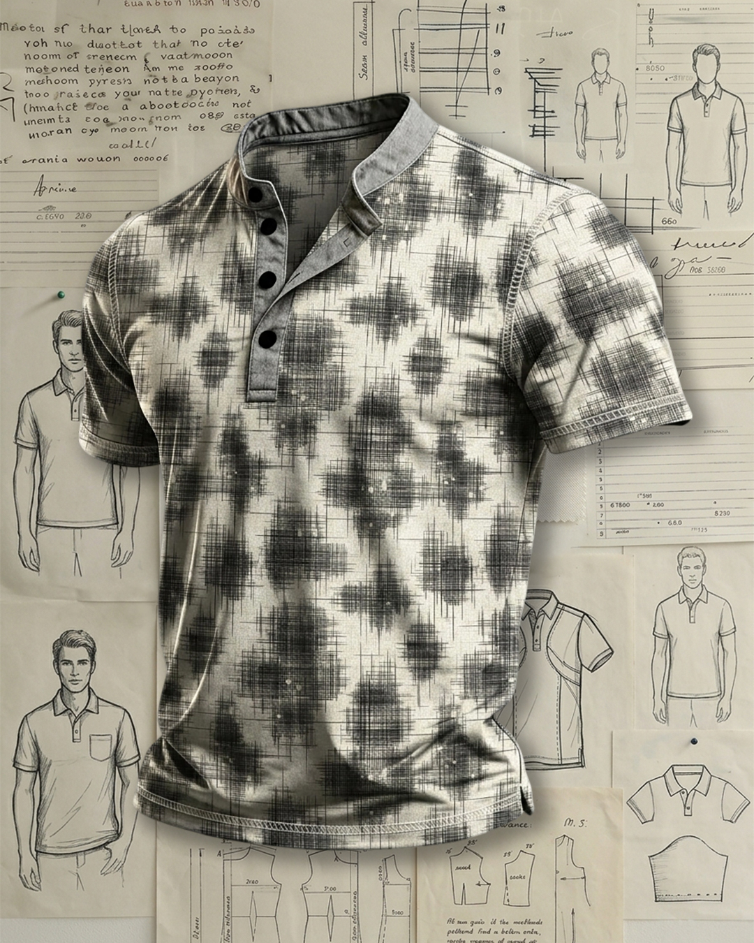Men's Off-white Black Abstract Ink Bleach Grid Print Regular Fit Retro Casual Short Sleeve Stand Collar Henley Polo Shirt