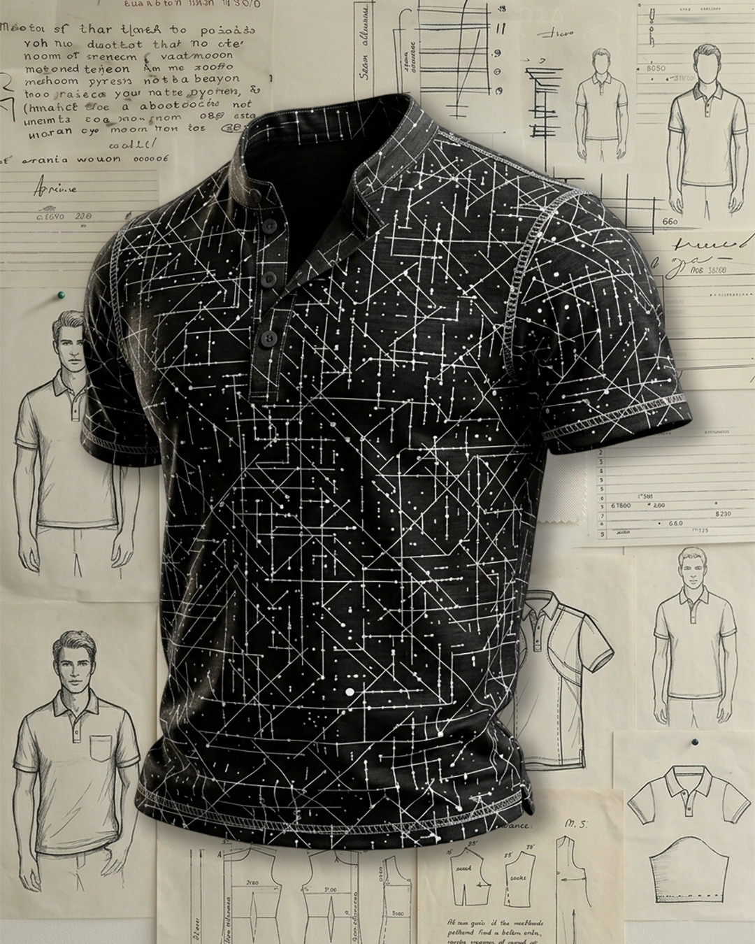 Men's Black White Intersecting Starry Geometric Print Slim Fit Modern Casual Short Sleeve Stand Collar Henley Polo Shirt