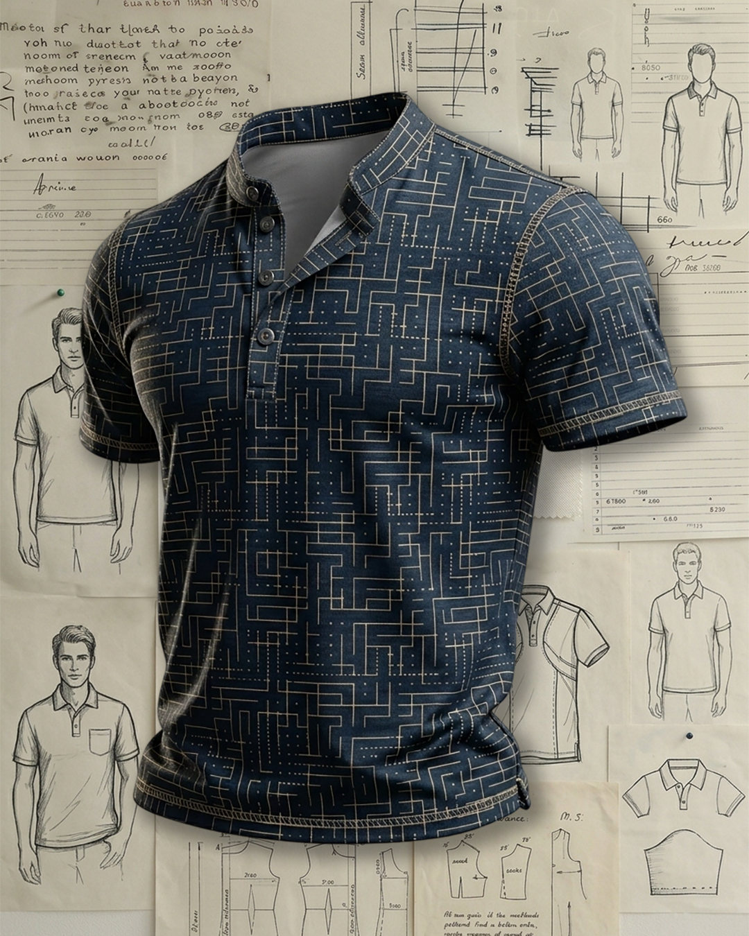 Men's Navy Beige Maze Geometric Print Tailored Fit Business Casual Short Sleeve Stand Collar Henley Polo Shirt
