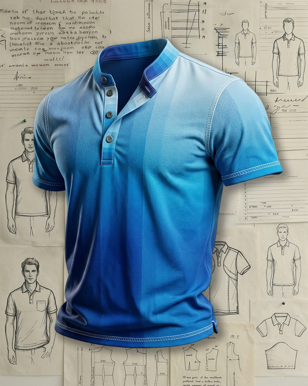 Men's Sky Blue Ombre Checkered Stand Collar Regular Fit Daily Casual Short Sleeve Henley Polo Shirt