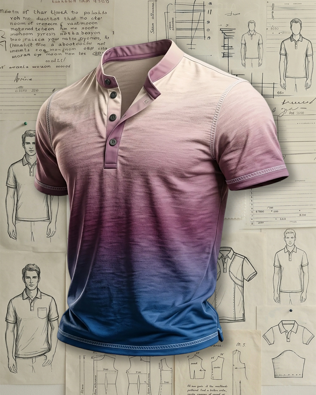 Men's Beige Purple Blue Gradient Printed Slim Fit Fashion Casual Short Sleeve Stand Collar Henley Polo Shirt