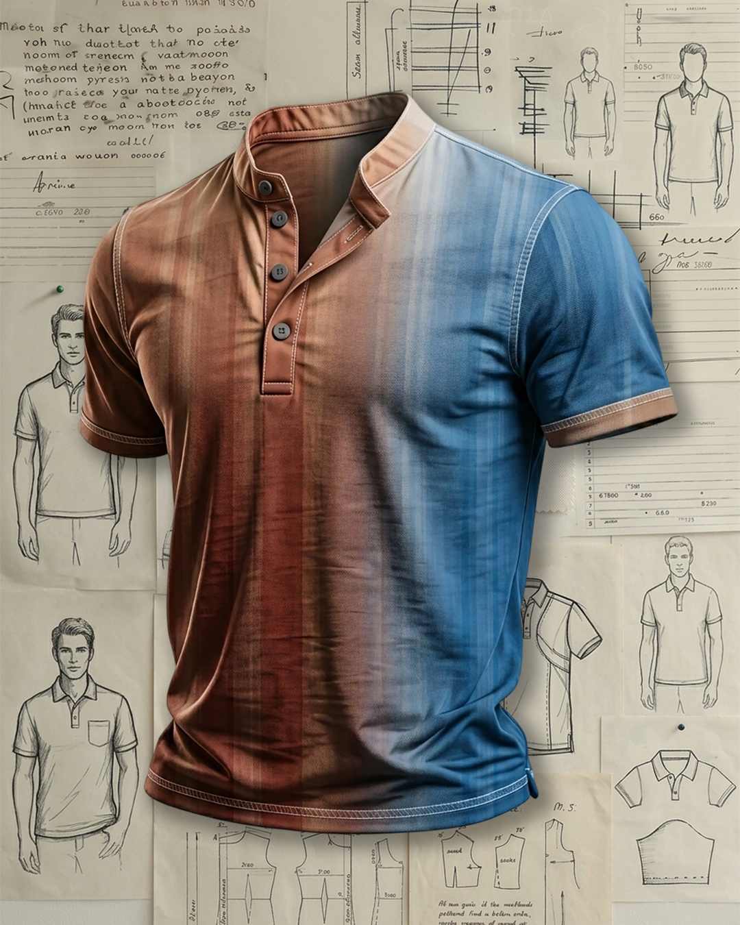 Men's Brown Blue Vertical Gradient Stripe Print Modern Fit Business Casual Short Sleeve Stand Collar Henley Polo Shirt