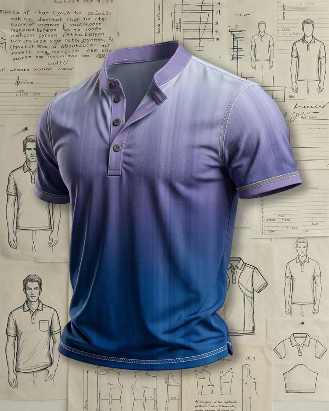Men's Light Purple Deep Blue Vertical Gradient Stripe Print Tailored Fit Daily Casual Short Sleeve Stand Collar Henley Polo Shirt