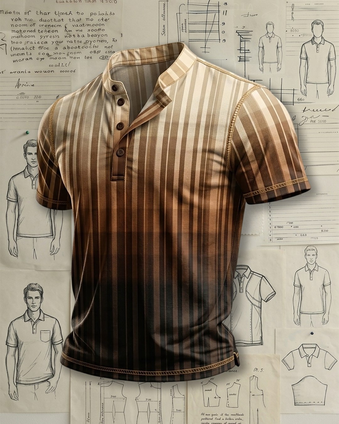 Men's Coffee Beige Vertical Gradient Stripe Print Regular Fit Retro Casual Short Sleeve Stand Collar Henley Polo Shirt