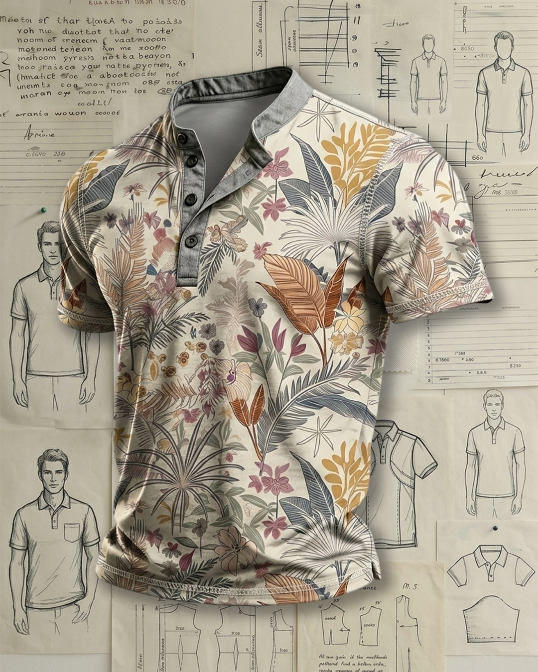 Men's Off-white Multicolor Tropical Botanical Print Slim Fit Vacation Casual Short Sleeve Stand Collar Henley Polo Shirt
