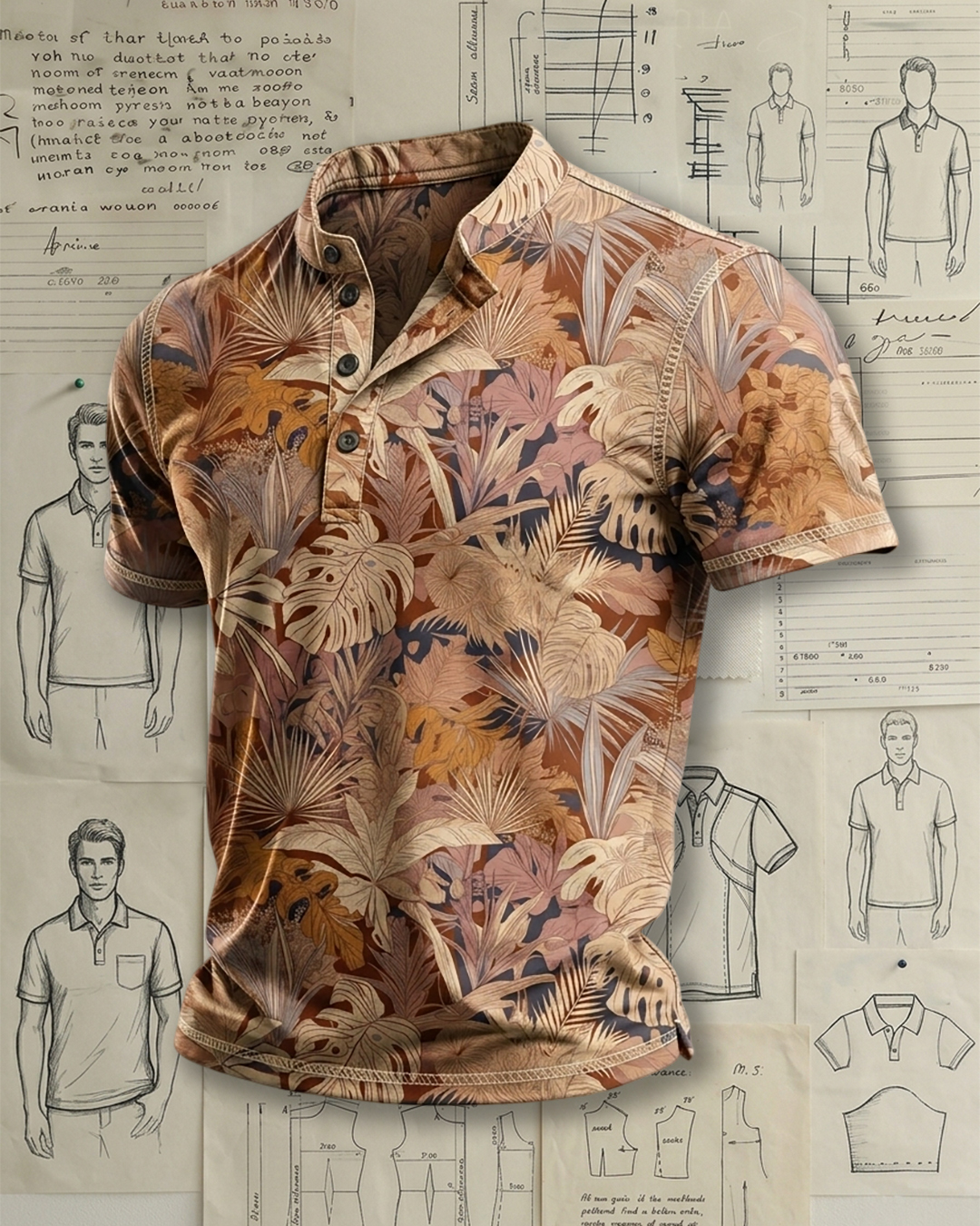 Men's Caramel Base Warm Tone Tropical Palm Leaf Print Relaxed Fit Vacation Hawaiian Short Sleeve Stand Collar Henley Polo Shirt