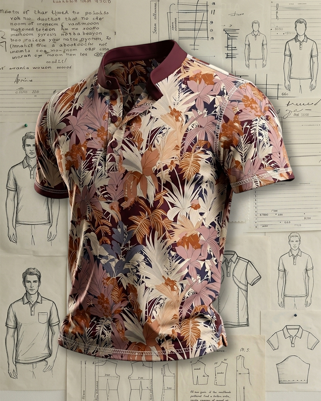 Men's Burgundy Base Multitone Tropical Foliage Print Regular Fit Hawaiian Vacation Short Sleeve Stand Collar Henley Polo Shirt