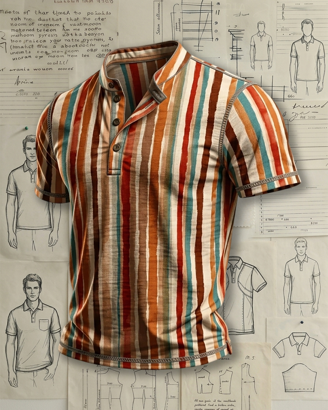 Men's Warm Multicolor Vertical Stripe Print Regular Fit Retro Casual Short Sleeve Stand Collar Henley Polo Shirt