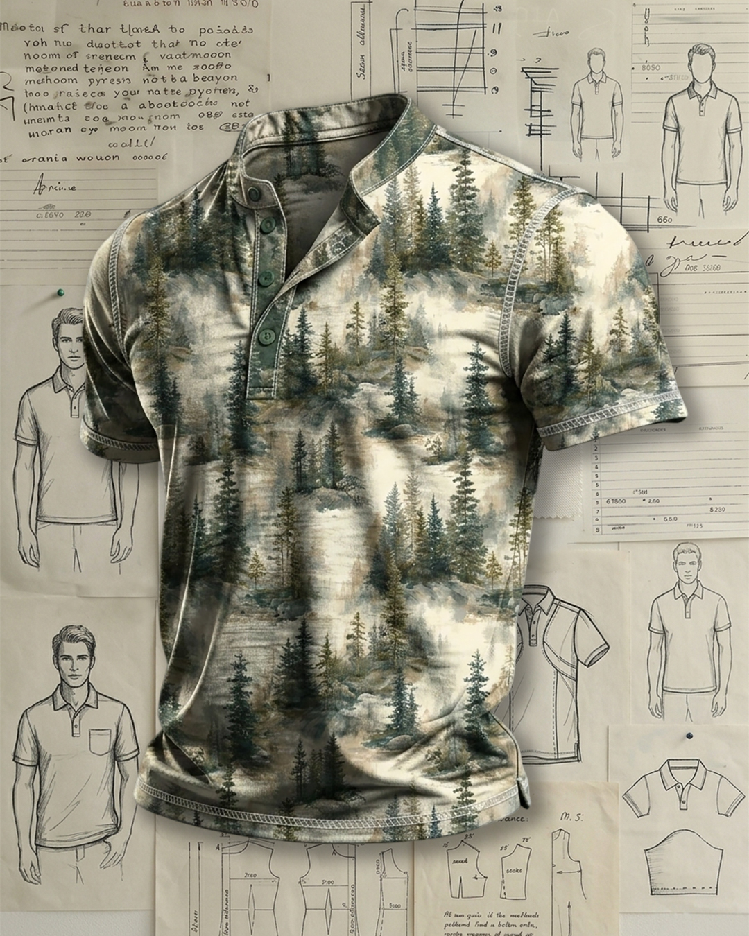 Men's Off-white Base Green Pine Forest Landscape Print Relaxed Fit Outdoor Vintage Short Sleeve Stand Collar Henley Polo Shirt