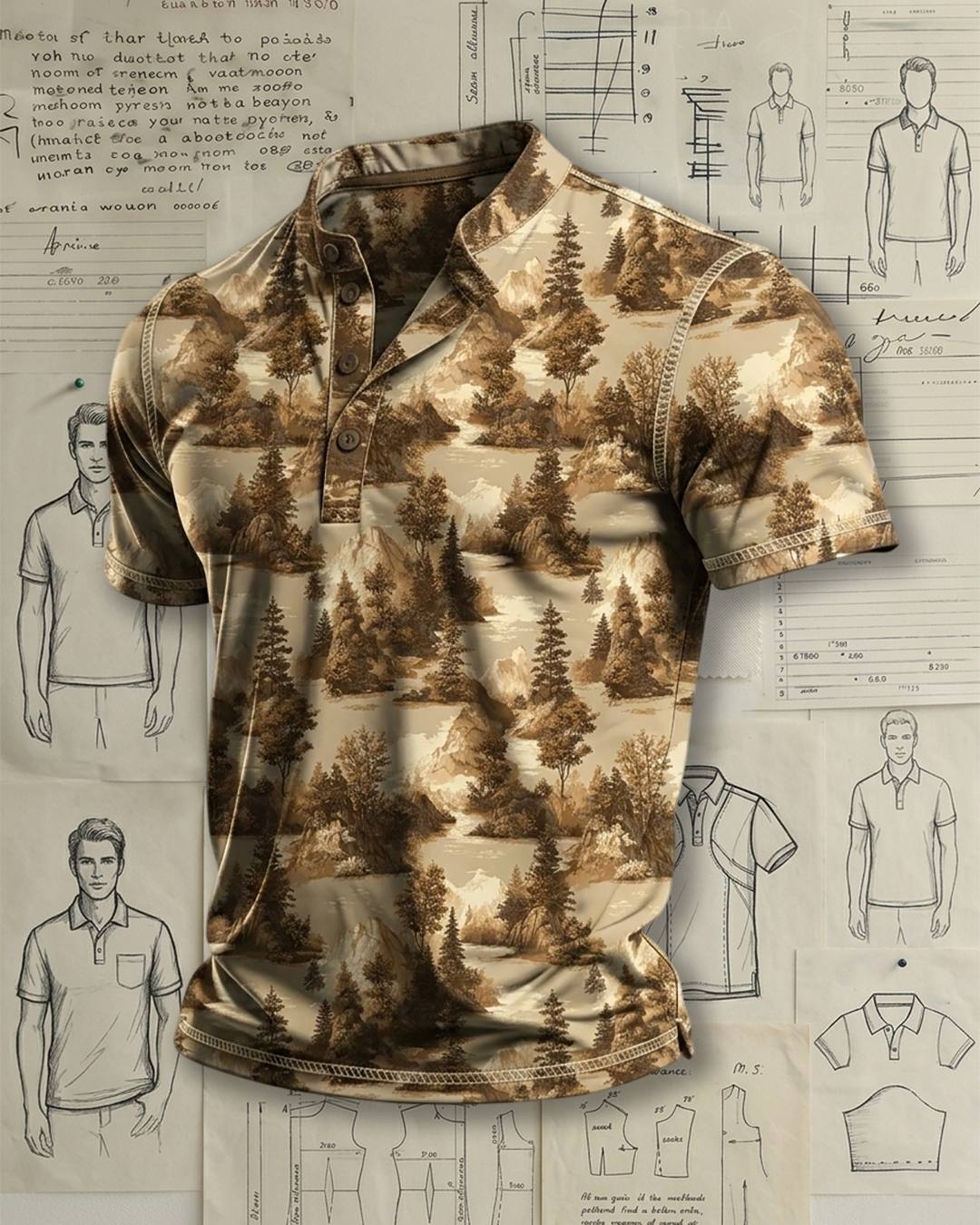 Men's Khaki Base Brown Forest Landscape Print Regular Fit Retro Outdoor Short Sleeve Stand Collar Henley Polo Shirt