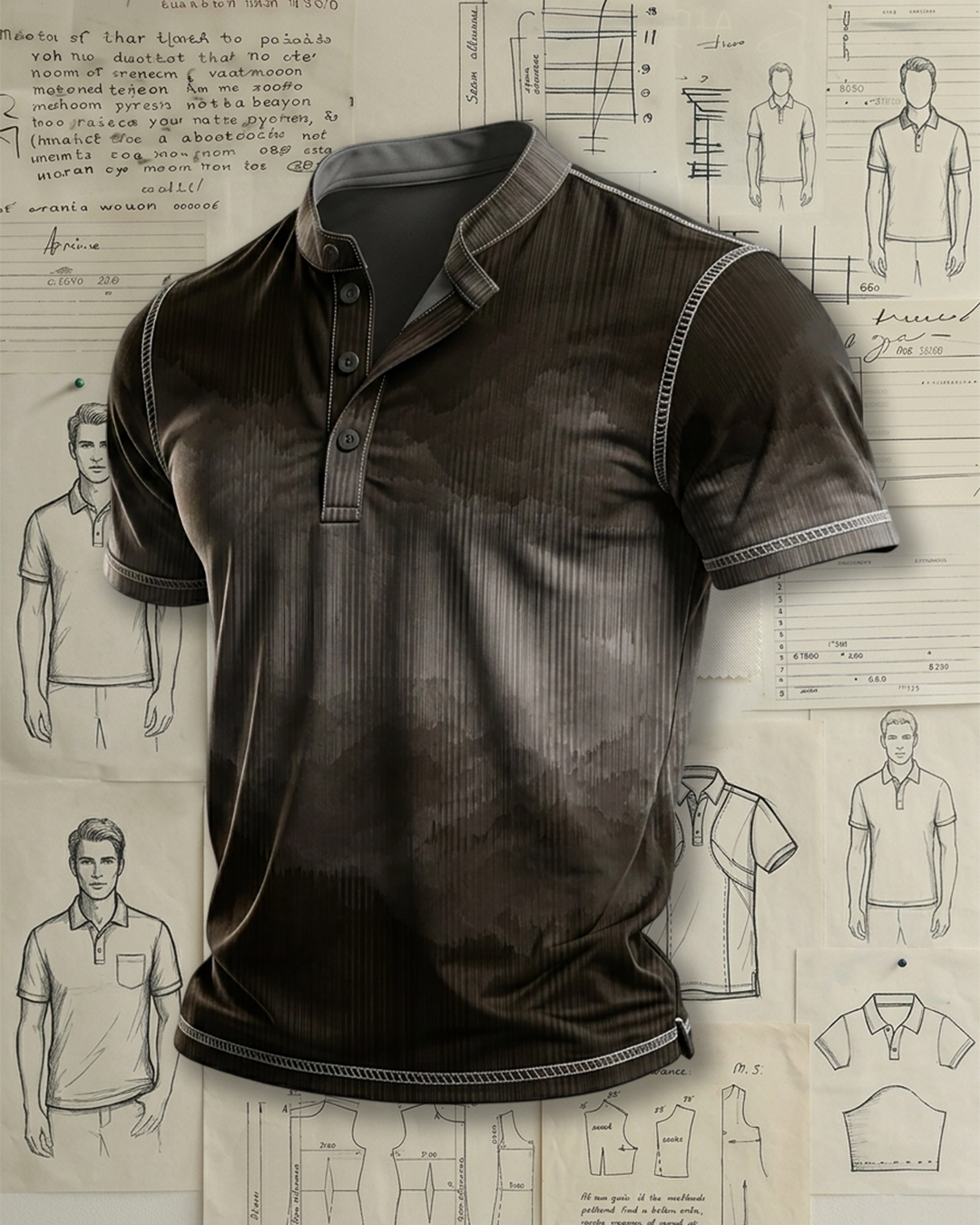 Men's Coffee Brown Gradient Cloud Print Slim Fit Minimalist Casual Short Sleeve Stand Collar Henley Polo Shirt