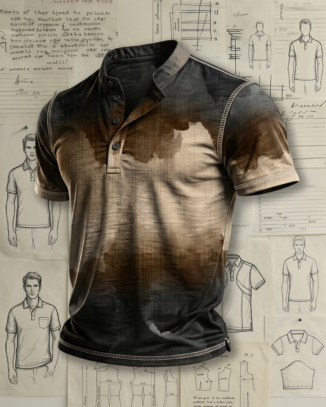 Men's Grey Brown Tie-dye Gradient Print Regular Fit Vintage Casual Short Sleeve Stand Collar Henley Polo Shirt
