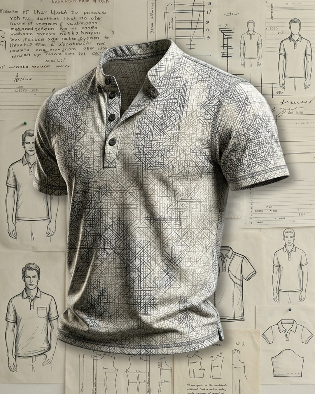 Men's Off-white Black Random Cross Line Print Slim Fit Business Casual Short Sleeve Stand Collar Henley Polo Shirt