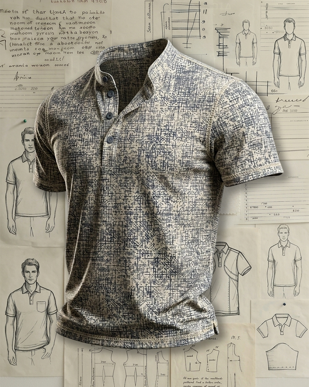Men's Khaki Navy Dense Intersecting Grid Print Tailored Fit Daily Casual Short Sleeve Stand Collar Henley Polo Shirt