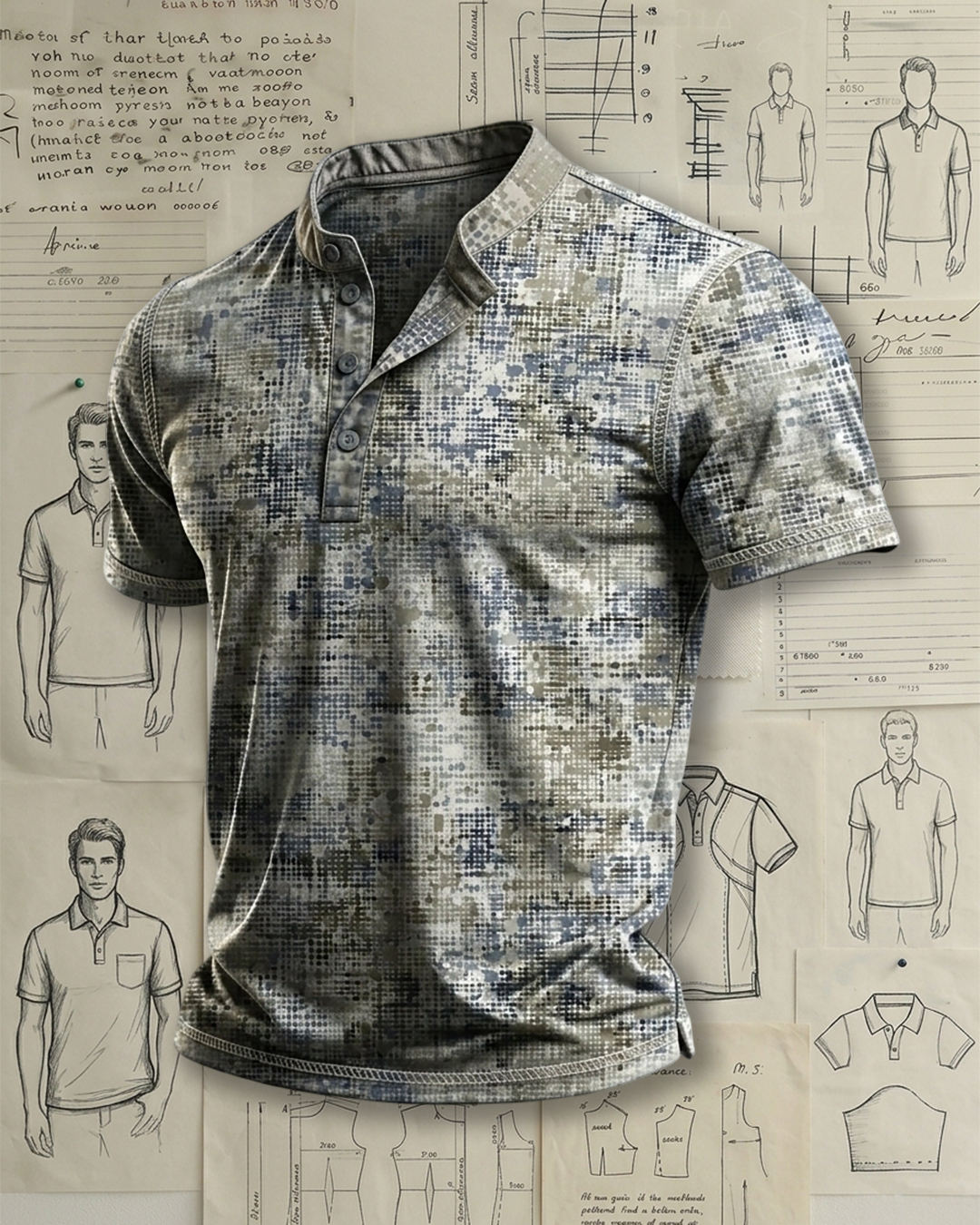Men's Grey Blue Digital Pixel Mosaic Print Regular Fit Retro Casual Short Sleeve Stand Collar Henley Polo Shirt