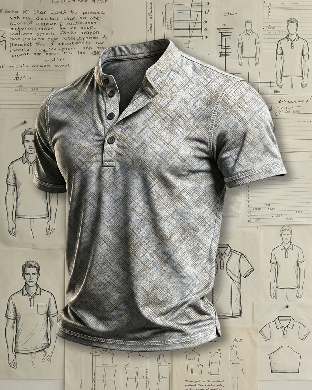Men's Silver Grey Diagonal Checked Print Relaxed Fit Business Casual Short Sleeve Stand Collar Henley Polo Shirt