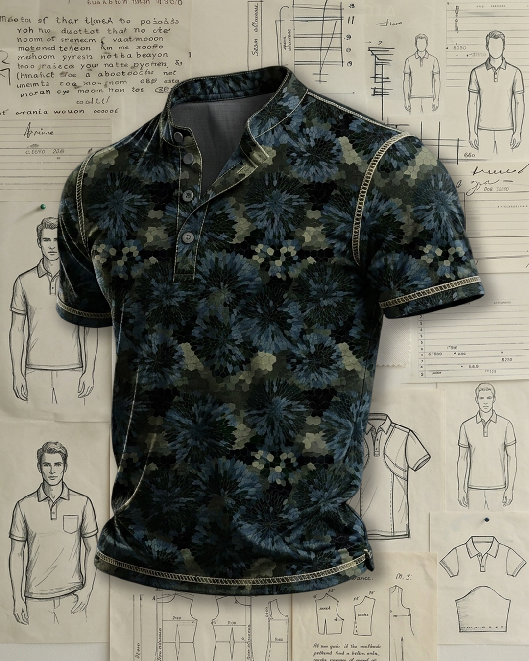 Men's Dark Green Blue Dandelion Floral Honeycomb Print Slim Fit Vintage Vacation Casual Short Sleeve Stand Collar Henley Polo Shirt