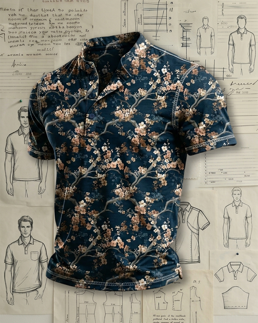 Men's Peacock Blue Plum Blossom Branch Print Regular Fit Chinese Style Casual Short Sleeve Stand Collar Henley Polo Shirt